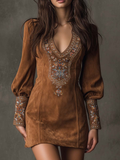 Amalia | Brown Suede Vintage Mini Dress with V-Neck and Floral Embroidery
