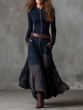 Lorena | Vintage Navy Checkered Suede Maxi Dress with Included Belt