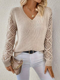 Fiona | Women's V Neck Openwork Long Sleeve Sweater