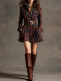 Peace | Vintage Short Dress with Red and Brown Checkered Pattern, with Lapel and Included Belt