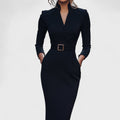 Vivienne | Long Sleeve Midi Dress with Belt & Collar